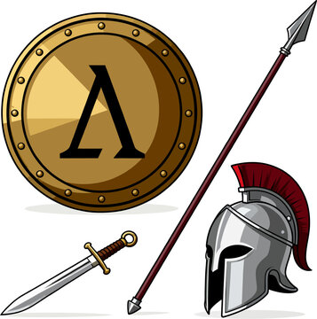 Flat Spartan Warrior Weapons Set: Bronze Aspis Lambda Shield, Plumed Corinthian Helmet, Dory Spear and Xiphos Sword Vector Icons