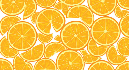 Obraz premium Bright and refreshing seamless pattern background of vibrant orange slices and wedges in a scattered arrangement on a white plane.