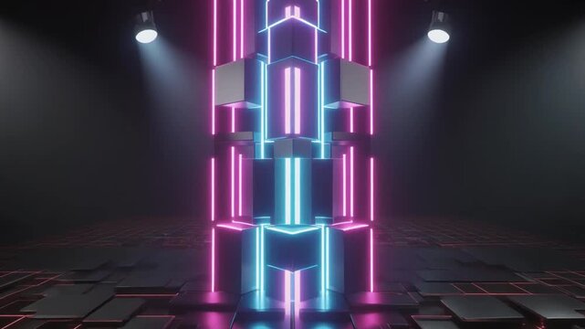 Futuristic symmetrical neon-lit structure of stacked geometric shapes, glowing pink and blue, on dark grid floor with overhead spotlights.