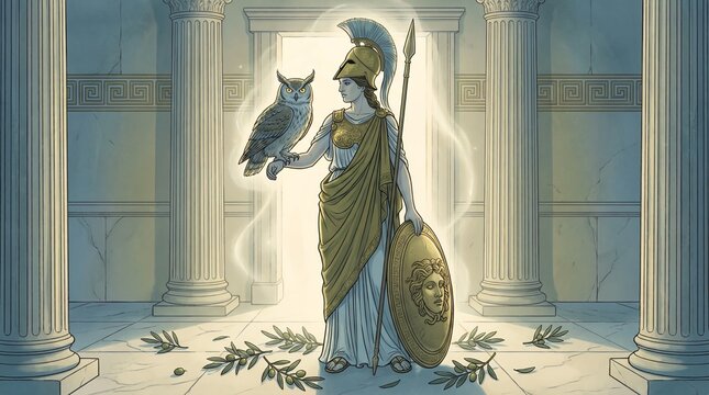 Wise Athena Goddess Of Strategy With Owl And Shield