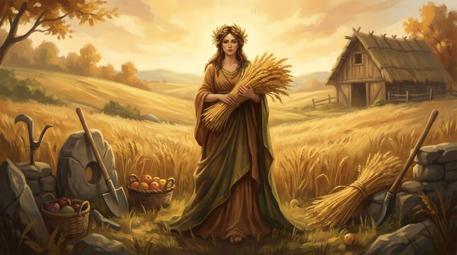 Demeter Goddess Of Harvest With Wheat And Cornucopia