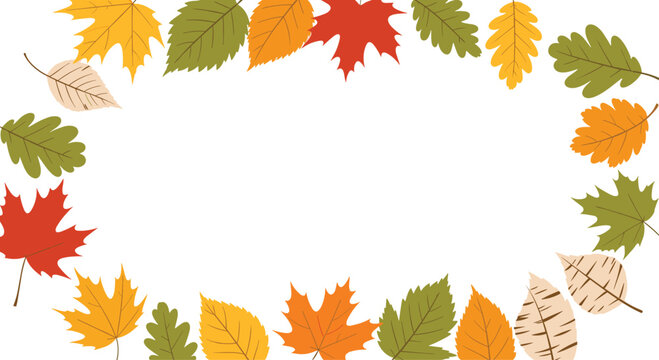 Autumnal oval frame made of various colorful fall leaves like maple oak and birch with ample copy space in the center.