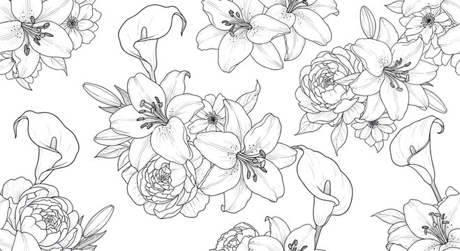Seamless black and white floral pattern with beautifully detailed line art drawings of lilies calla lilies peonies and other flowers.