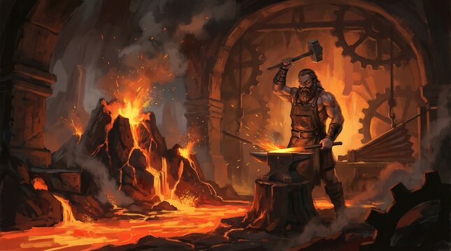 Hephaestus God Of Fire Working In Volcano Forge