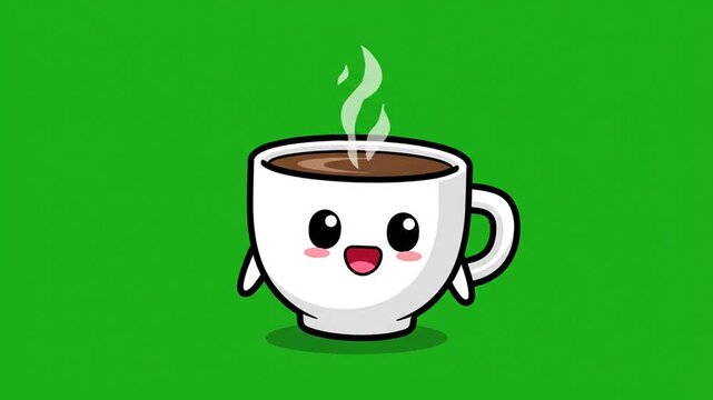 Cute Kawaii Coffee Mug Cartoon Smiling Character Green Screen Background