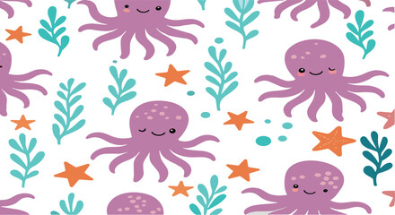 Cute octopus seamless pattern with starfish seaweed and underwater marine life cartoon vector background for kids © Momota