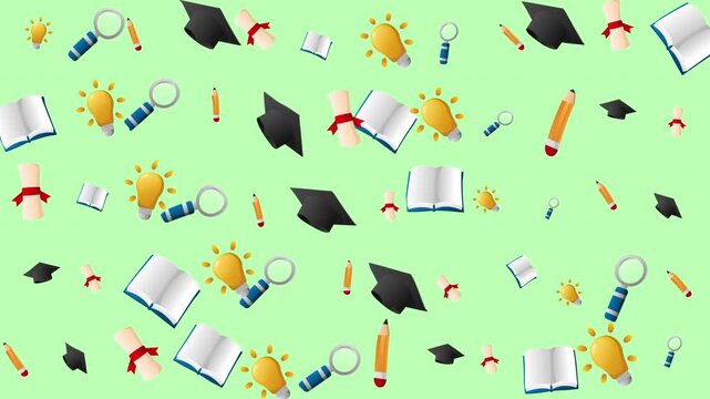 Educationthemed objects on a green background  books, caps, pencils, lightbulbs. Ideal for educational presentations, posters, or websites.
