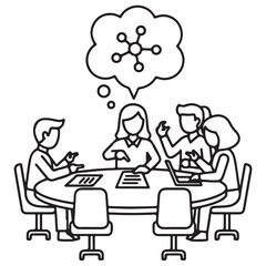 Vector line art of a business team at a round table brainstorming, with a thought bubble showing a network icon representing strategy, connectivity, and collaborative planning.