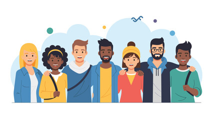 Diverse group of smiling people standing together as friends represents community, teamwork, and social unity.