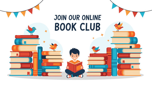 Young boy reading books among colorful stacks and birds invites people to join an online book club for learning.