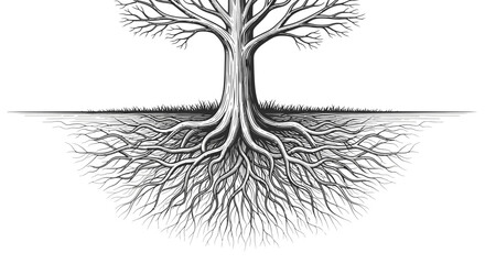 Detailed Tree Trunk with Deep and Extensive Exposed Roots on Isolated White Background, Symbolizing Foundation and Strength © MASKURI