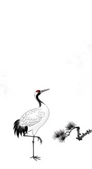 Fototapeta premium Traditional ink wash painting of a red-crowned crane standing by a pine branch