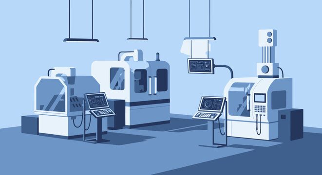 Modern CNC Machines and Industrial Equipment in a Clean Factory Workshop, Illustrating Precision Machining and Advanced Manufacturing