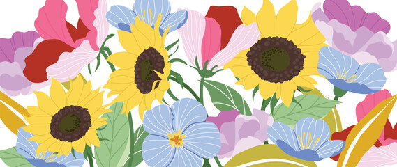 Spring and summer tulip blush floral background vector illustration with lemon and turquoise colors. Vibrant botanical design for wallpaper, banners, invitations, fabric and digital templates. © TWINS DESIGN STUDIO