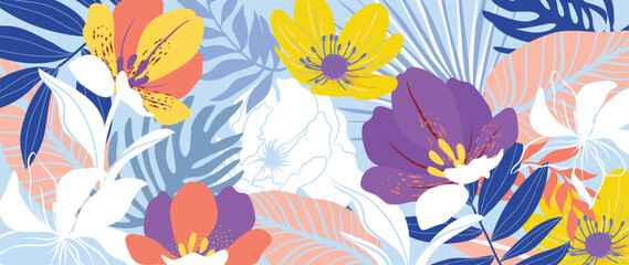 Spring and summer magnolia peach floral background vector illustration with sage and periwinkle colors. Vibrant botanical design for wallpaper, banners, invitations, fabric and digital templates. © TWINS DESIGN STUDIO