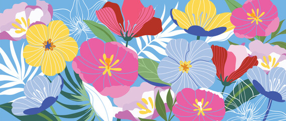 Spring and summer cosmos lavender floral background vector illustration with skyblue and butter colors. Vibrant botanical design for wallpaper, banners, invitations, fabric and digital templates. © TWINS DESIGN STUDIO