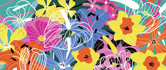 Spring and summer wildflower indigo floral background vector illustration with coral and ivory colors. Vibrant botanical design for wallpaper, banners, invitations, fabric and digital templates. © TWINS DESIGN STUDIO