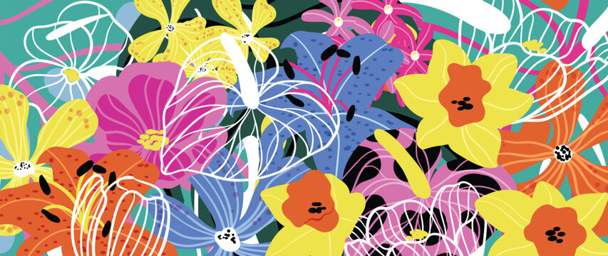 Spring and summer wildflower indigo floral background vector illustration with coral and ivory colors. Vibrant botanical design for wallpaper, banners, invitations, fabric and digital templates.