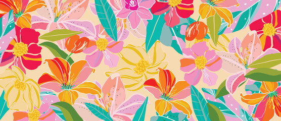 Spring and summer daisies peach floral background vector illustration with yellow and mint colors. Vibrant botanical design for wallpaper, banners, invitations, fabric and digital templates. © TWINS DESIGN STUDIO