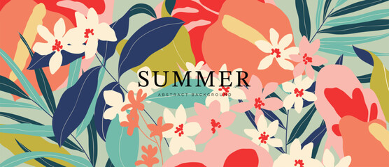 Spring and summer orchid coral floral background vector illustration with beige and teal colors. Vibrant botanical design for wallpaper, banners, invitations, fabric and digital templates. © TWINS DESIGN STUDIO