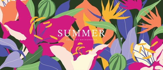 Spring and summer hibiscus orchid floral background vector illustration with magenta and teal colors. Vibrant botanical design for wallpaper, banners, invitations, fabric and digital templates. © TWINS DESIGN STUDIO