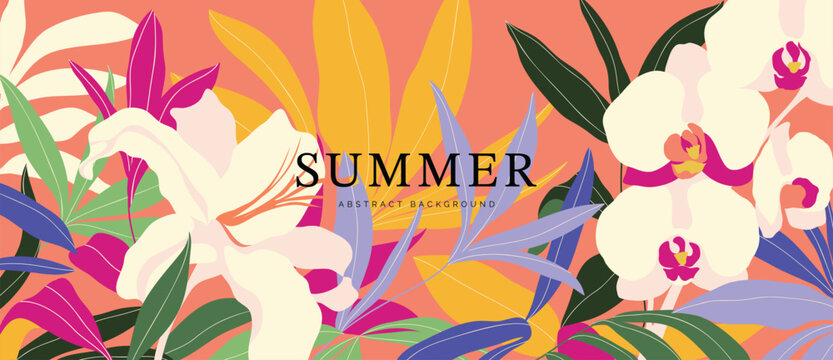 Spring and summer strelitzia sunset floral background vector illustration with orange and violet colors. Vibrant botanical design for wallpaper, banners, invitations, fabric and digital templates.