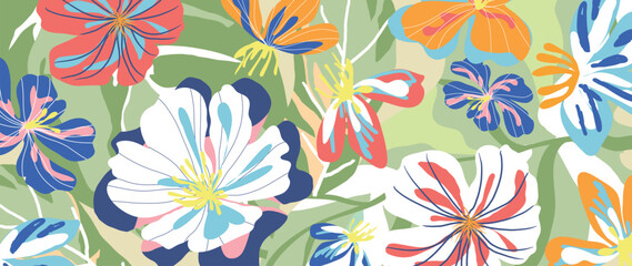 Spring and summer daisy olive floral background vector illustration with coral and turquoise colors. Vibrant botanical design for wallpaper, banners, invitations, fabric and digital templates. © TWINS DESIGN STUDIO
