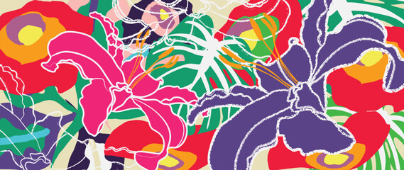 Spring and summer anemone violet floral background vector illustration with cyan and lime colors. Vibrant botanical design for wallpaper, banners, invitations, fabric and digital templates. © TWINS DESIGN STUDIO