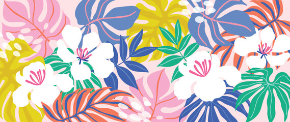 Spring and summer plumeria blush floral background vector illustration with mint and sunshine colors. Vibrant botanical design for wallpaper, banners, invitations, fabric and digital templates. © TWINS DESIGN STUDIO