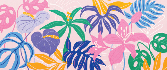 Spring and summer monstera flamingo floral background vector illustration with aqua and chartreuse colors. Vibrant botanical design for wallpaper, banners, invitations, fabric and digital templates. © TWINS DESIGN STUDIO