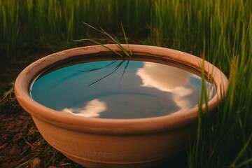 Fototapeta premium Clay Bowl with Water Reflection in Rice Field