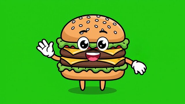 Cute Cartoon Double Cheeseburger Mascot Waving Hand Illustration