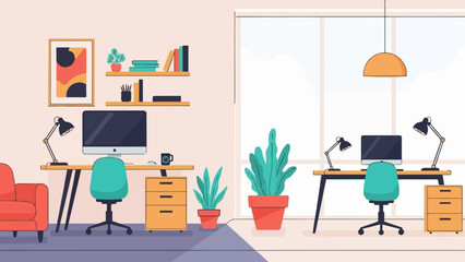 A split illustration comparing a cozy home office setup with a modern corporate office workspace