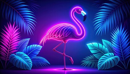 Obraz premium Vibrant neon flamingo, palm leaves, glowing in a rich blue and purple background