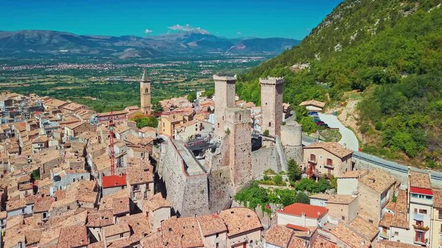Aerial view of Pacentro medieval village and Caldora Castle in Abruzzo