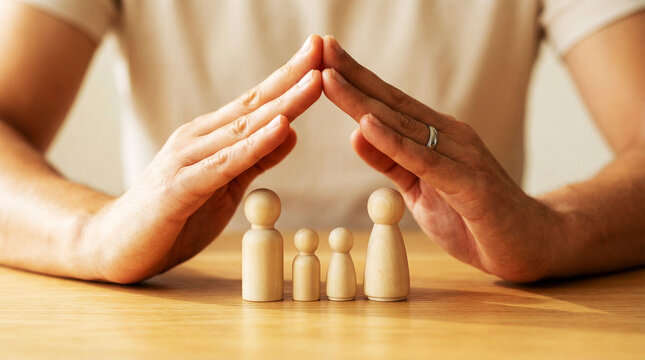 Family Protection Concept with Wooden Figures Under Caring Hands