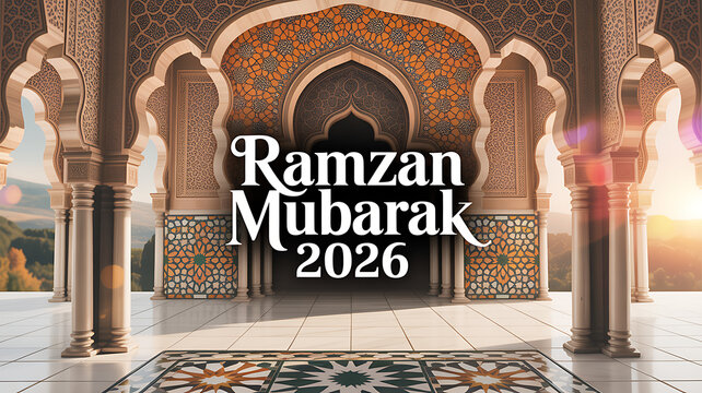 Grand islamic archway entrance with intricate mosaic patterns and arabic calligraphy 'ramzan mubarak 2026' bathed in golden hour sunlight evoking spiritual serenity and festive