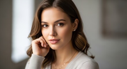 Fototapeta premium A woman with long, wavy brown hair wearing a white sweater, sitting in a cozy, well-lit room with a window in the background.