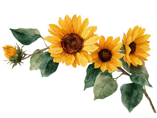 Watercolor illustration of sunflowers, leaves, and a bud against a transparent background