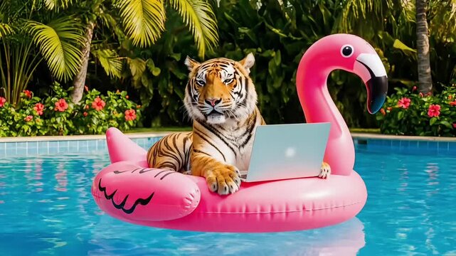 Tiger working remotely on flamingo float in pool
