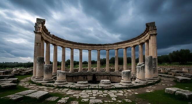 Ancient Temple des Eaux ruins with stone columns in Zaghouan under cloudy sky