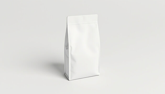 Clean white stand-up pouch bag with a flat bottom and zipper closure, isolated on a seamless light grey background for product mockups.