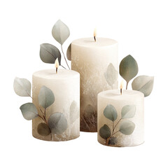 Three glowing candles, adorned with eucalyptus leaves, against a black background