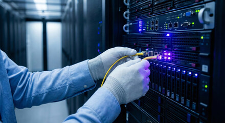 Engineer connecting fiber optic cables in a data center, server room technician working with network equipment