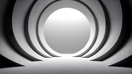 Fototapeta premium Abstract white and gray circular tunnel with layered rings and bright center light, creating futuristic minimal architectural background.