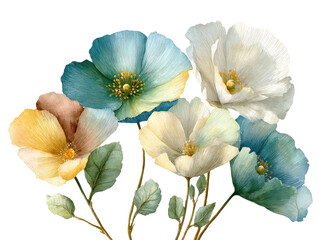 A delicate floral arrangement features watercolor-style blooms in pastel hues on a dark background