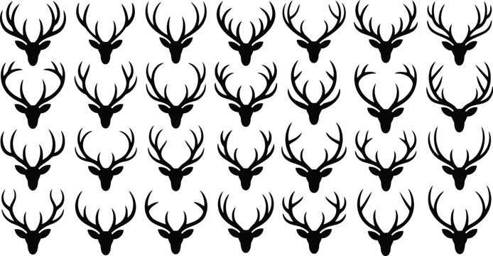 Many black deer stag head silhouettes with prominent antlers creating a repeating pattern on white