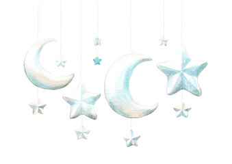 Watercolor illustration of hanging crescent moons and star shapes against a black background