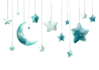 Watercolor depiction of crescent moon and stars suspended against a black background