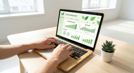 Person typing on laptop with esg dashboard showing environmental, social, and governance progress and data